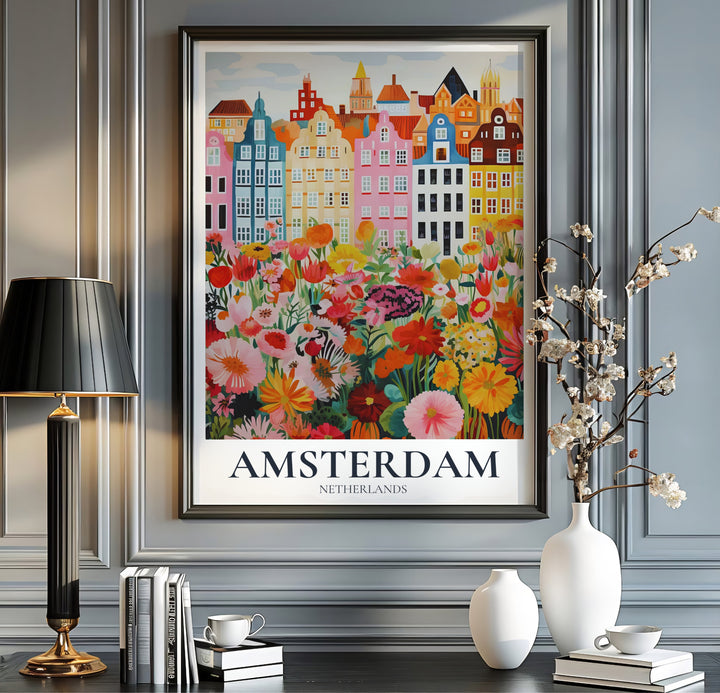 Illustration art poster of the Amsterdam canal district featuring pastel houses and dense wildflower blooms, offered by MapYourDreams as an unframed poster, a gallery wrapped canvas, or within a selection of custom frames for bright apartment wall decor.