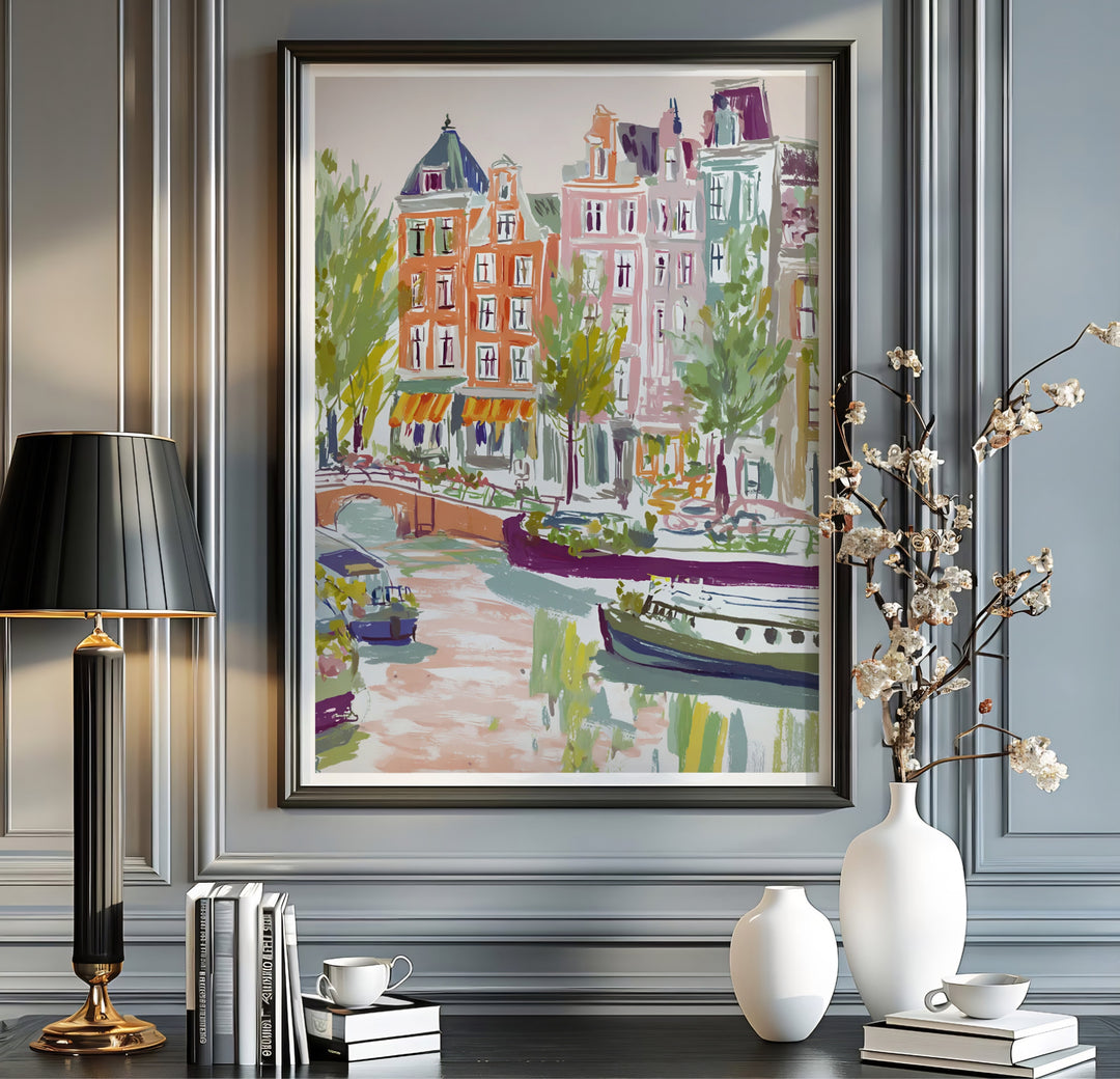 Painterly cartography and scenery poster of the Amsterdam canal ring featuring soft brushstrokes and pastel colors, offered by MapYourDreams as an unframed poster, a gallery wrapped canvas, or within a selection of custom frames for sleek modern apartment wall decor.