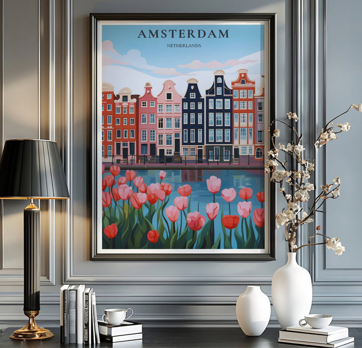 Graphic travel art poster featuring pink tulips and historic Dutch gables along the canal in Amsterdam, offered by MapYourDreams as an unframed poster, a gallery wrapped canvas, or within a selection of custom frames to create a vibrant gallery wall accent.