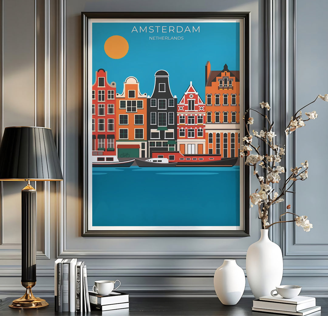 Retro travel poster illustrating a sunny canal front scene with flat geometric architecture in Amsterdam Netherlands, available from MapYourDreams where customers can select between premium unframed paper posters, gallery wrapped canvas, or custom framed options for entryways.