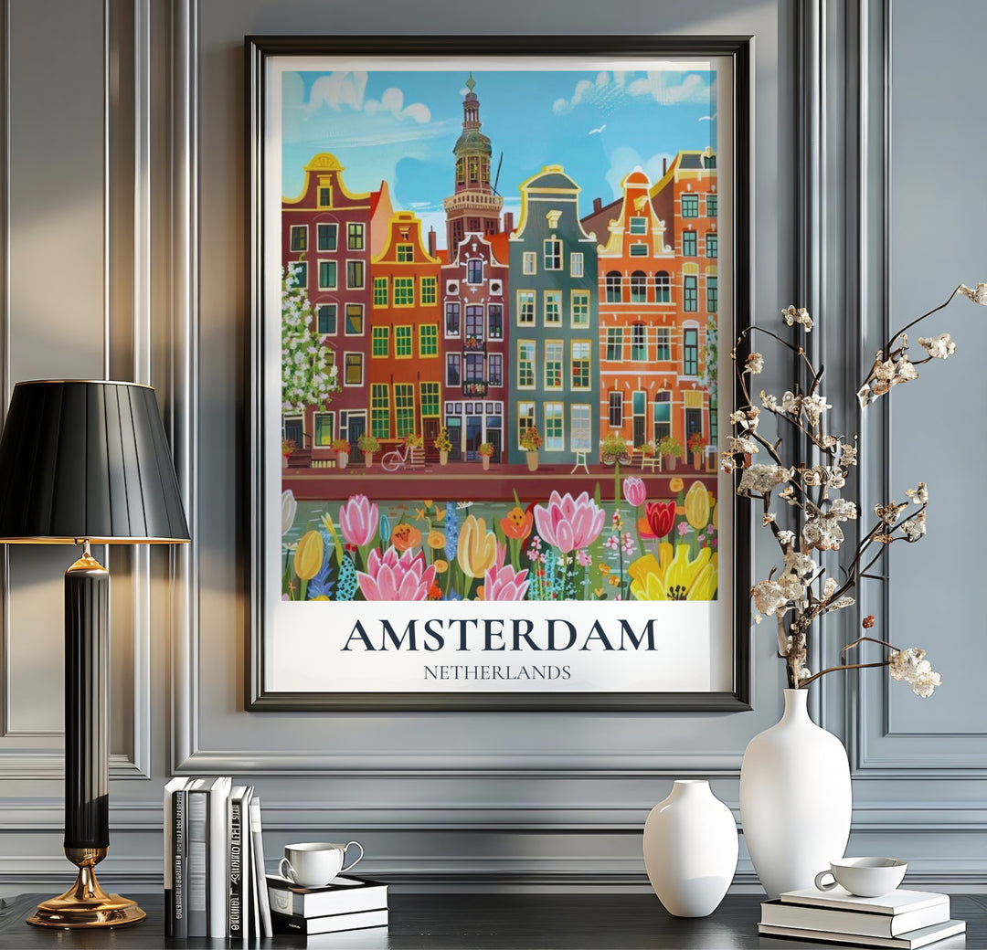 Impressionist style city poster of historic Amsterdam canal architecture fronted by blooming pink, yellow, and red tulips, provided by MapYourDreams in choices including unframed paper, gallery canvas, or custom frame finishes in natural wood, gold, and bronze for home offices.