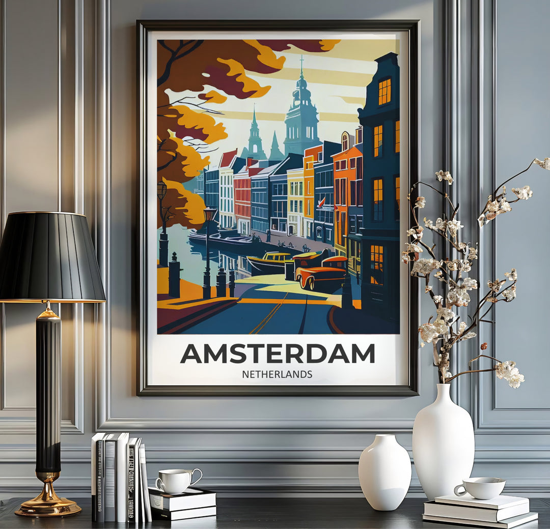 Graphic vintage travel poster featuring dramatic shadows, gabled canal houses, and church spires in Amsterdam, offered by MapYourDreams where you can select an unframed poster, a gallery wrapped canvas, or a custom frame option to build an eye-catching travel wall art gallery display.
