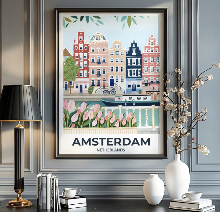Detailed gouache architectural print showcasing dusty rose, cream, and navy canal facades bordered by pink tulips in Amsterdam Netherlands, provided by MapYourDreams with choices spanning unframed art prints, stretched canvas, and custom frame choices in black, white, and natural wood.