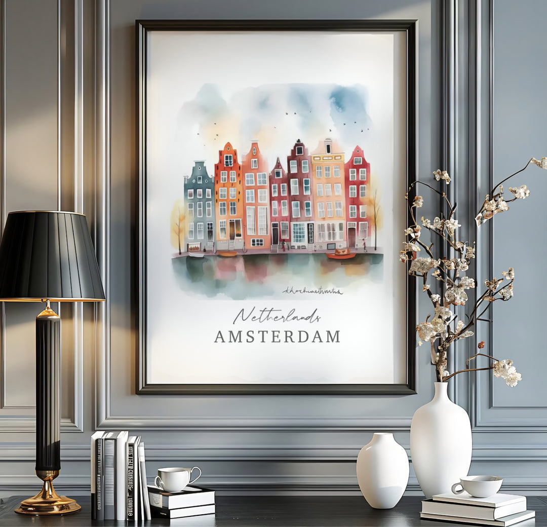 Graphic watercolor travel poster featuring terracotta facades, water reflections, and script typography in Amsterdam, offered by MapYourDreams where you can select an unframed poster, a gallery wrapped canvas, or a custom frame option to build an artistic travel wall gallery display.