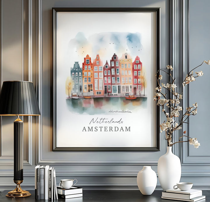 Graphic watercolor travel poster featuring terracotta facades, water reflections, and script typography in Amsterdam, offered by MapYourDreams where you can select an unframed poster, a gallery wrapped canvas, or a custom frame option to build an artistic travel wall gallery display.