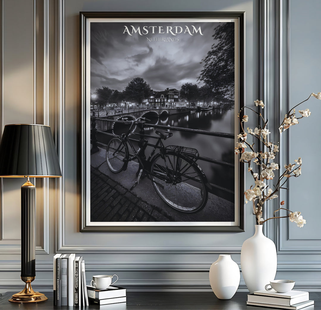 Graphic monochrome travel poster featuring a classic Dutch bike, illuminated bridge, and water reflections in Amsterdam, offered by MapYourDreams where you can select an unframed poster, a gallery wrapped canvas, or a custom frame option to build a sophisticated photography gallery wall.