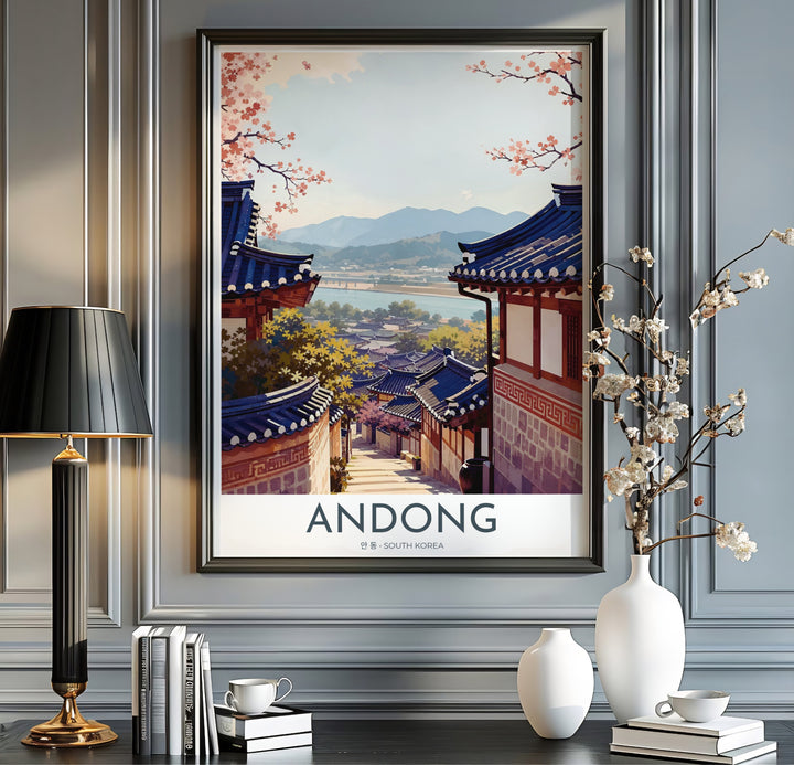 Cartographic style travel artwork featuring the text ANDONG SOUTH KOREA below a scenic vector view of Hahoe Folk Village surrounded by nature and rivers. Offered by MapYourDreams, this artwork is available in flexible options including unframed paper, custom wooden frames, and gallery canvas wraps.