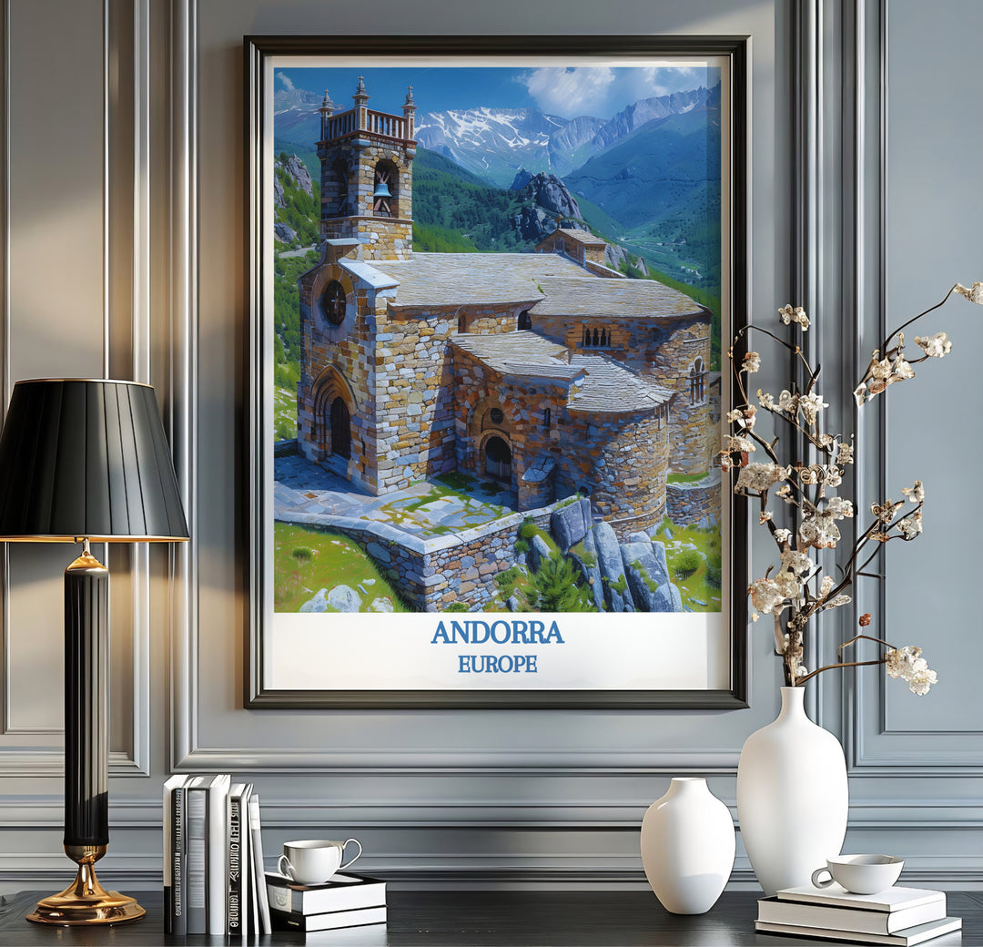 Painterly digital artistic style and clean blue typography define this Sant Joan de Caselles Church Andorra print. MapYourDreams offers fine art framed, unframed, and canvas poster options for office decor.