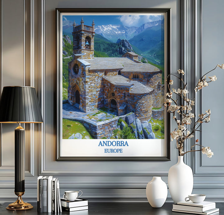 Painterly digital artistic style and clean blue typography define this Sant Joan de Caselles Church Andorra print. MapYourDreams offers fine art framed, unframed, and canvas poster options for office decor.