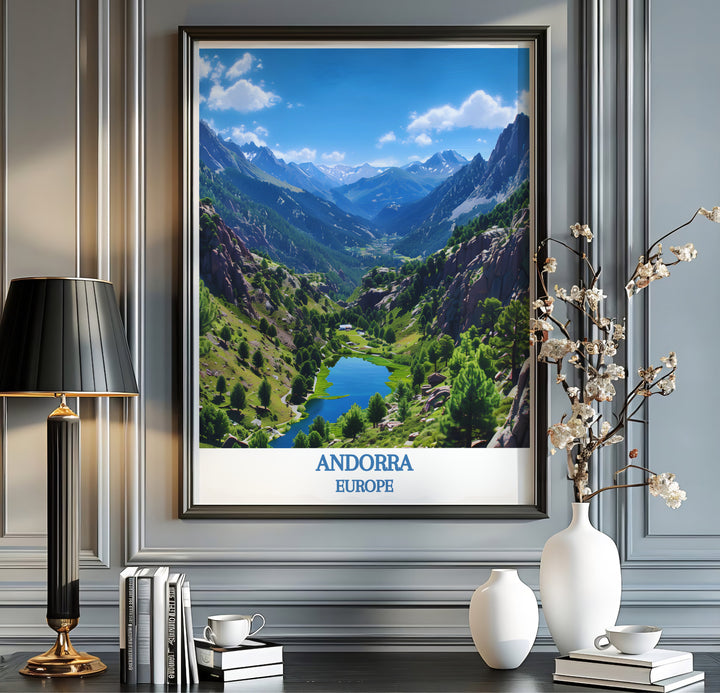 Digital oil painting artistic style and crisp blue typography define this Valley of Madriu-Perafita-Claror Andorra print. MapYourDreams offers fine art framed, unframed, and canvas poster options for office decor.