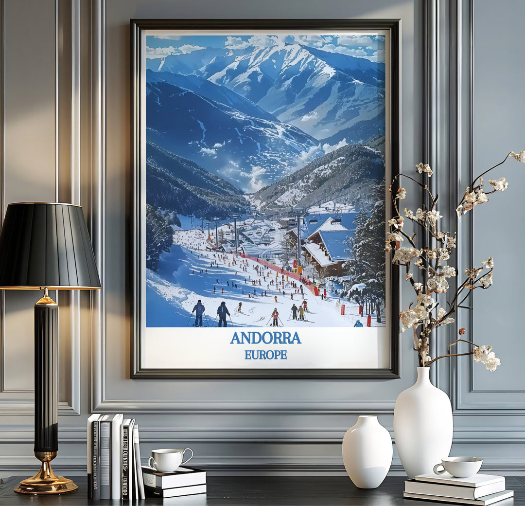 Illustrative digital painting style and bold blue typography define this Vallnord Ski Resort Andorra print. MapYourDreams offers fine art framed, unframed, and canvas poster options for bedroom decor.