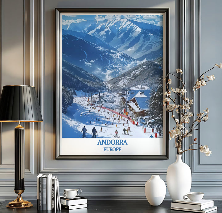 Illustrative digital painting style and bold blue typography define this Vallnord Ski Resort Andorra print. MapYourDreams offers fine art framed, unframed, and canvas poster options for bedroom decor.