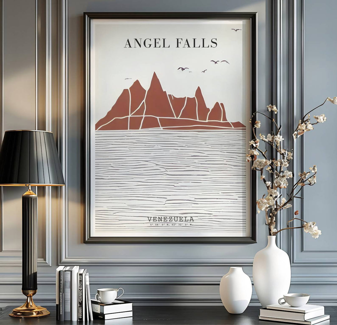 Boho terracotta mountain art print produced on 220gsm acid-free Epson professional matte paper with archival ultra-chrome inks. Offered in the MapYourDreams store, this artwork suits any room setup in unframed paper, real wood frames, or canvas wrap styles.