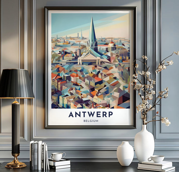 Minimalist architectural wall art displaying the cityscape of Antwerp, Belgium, transformed into a mosaic of geometric shapes and harmonious colors. Flexible formatting options include standard unframed art paper, handcrafted framed displays, and gallery canvas wall art.
