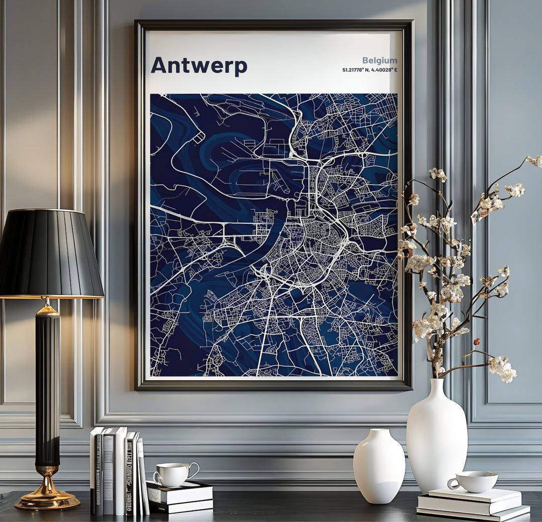An Antwerp Belgium map art print showing clean cartography, dense city blocks, and river curves on a navy blue background. Available from MapYourDreams in multiple presentation formats including unframed archival paper, handcrafted frames, and gallery wrapped canvas styles.