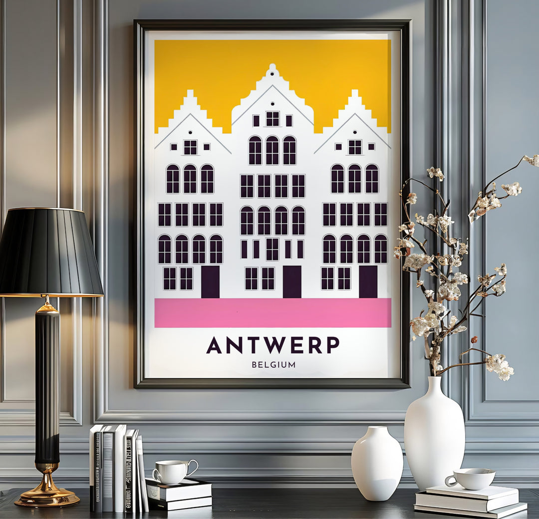 An Antwerp Belgium architectural print showcasing white step-gabled buildings and dark arched window panes over a bright yellow backdrop. Available from MapYourDreams in multiple presentation formats including unframed archival paper, handcrafted frames, and gallery wrapped canvas styles.