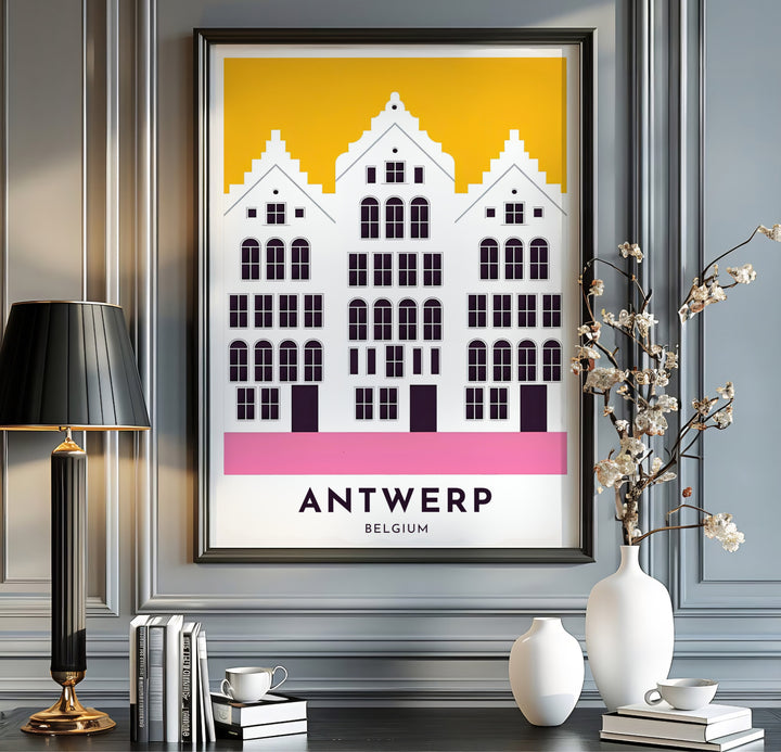 An Antwerp Belgium architectural print showcasing white step-gabled buildings and dark arched window panes over a bright yellow backdrop. Available from MapYourDreams in multiple presentation formats including unframed archival paper, handcrafted frames, and gallery wrapped canvas styles.