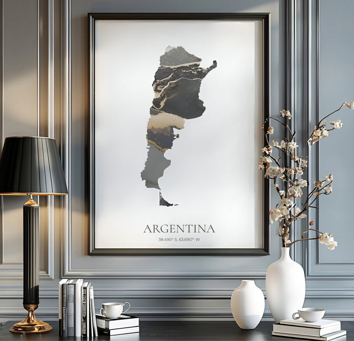 Fine art print of Argentina featuring abstract black lava and golden fluid vein patterns mapped inside country boundaries. Offered by MapYourDreams, this artwork is available in flexible options including unframed paper, custom wooden frames, and gallery canvas wraps for home staging projects.