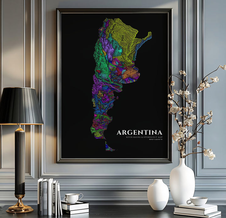 Graphic Argentina river basin map with electric color-coded watersheds against a clean, minimalist black background. Offered in the MapYourDreams store, this artwork suits any room setup in unframed paper, real wood frames, or canvas wrap styles.
