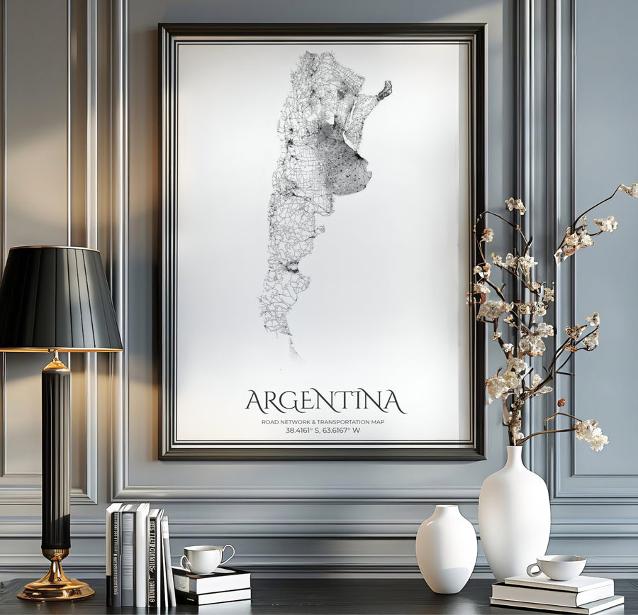 Minimalist black line Argentina road map art print printed on white stock for Scandinavian style wall decor. Offered in the MapYourDreams store, this artwork is adaptable for any gallery wall in unframed paper, real wood frames, or canvas wrap styles.
