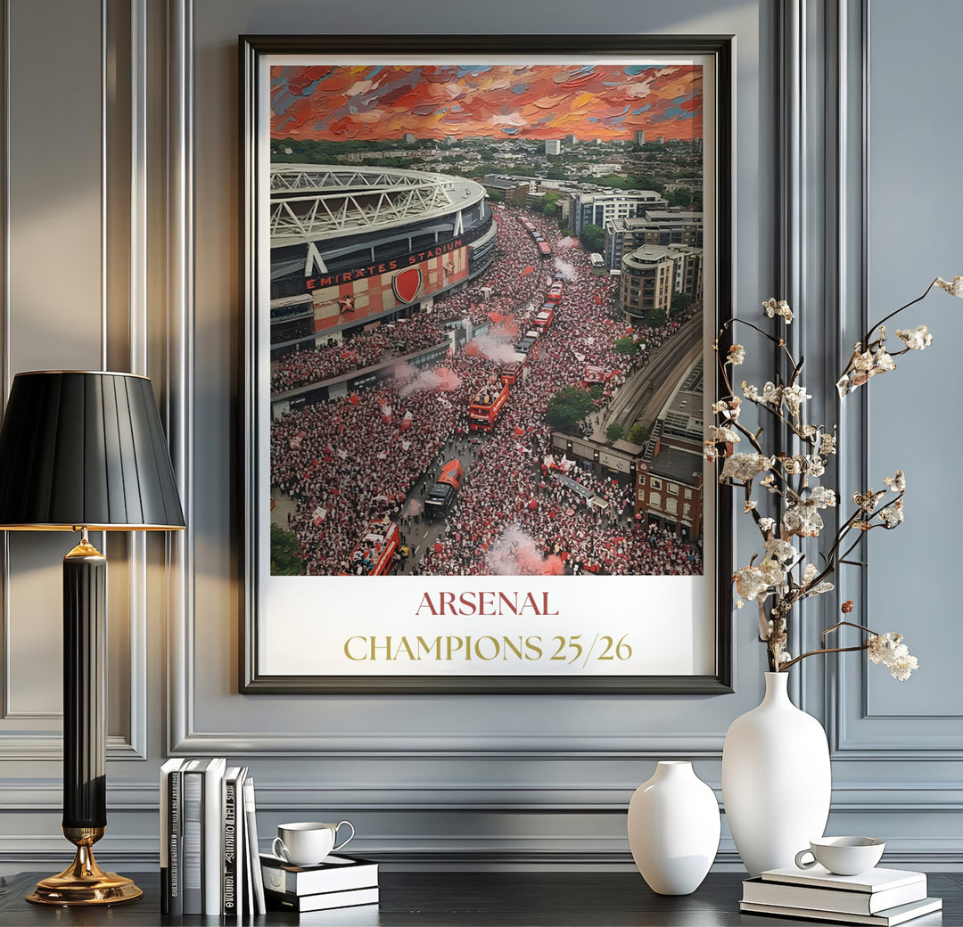 Sunset sky impasto artwork poster depicting North London crowds celebrating Arsenal title triumph around Emirates Stadium, available as unframed, framed, or canvas wall art to elevate sports room decor.
