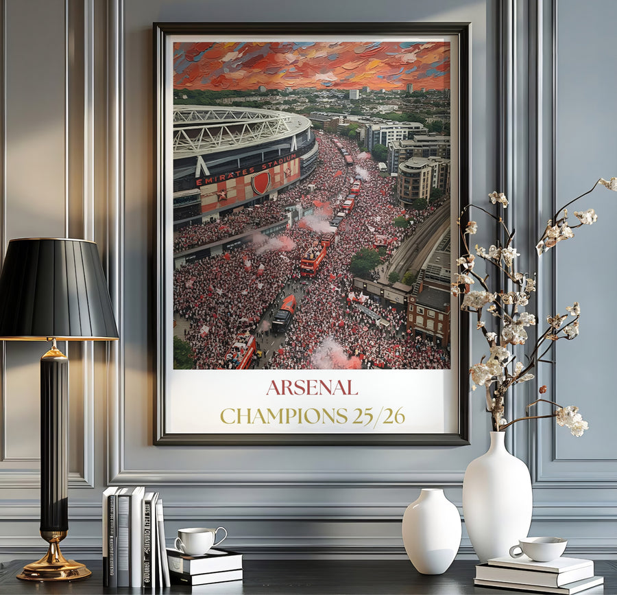 Sunset sky impasto artwork poster depicting North London crowds celebrating Arsenal title triumph around Emirates Stadium, available as unframed, framed, or canvas wall art to elevate sports room decor.
