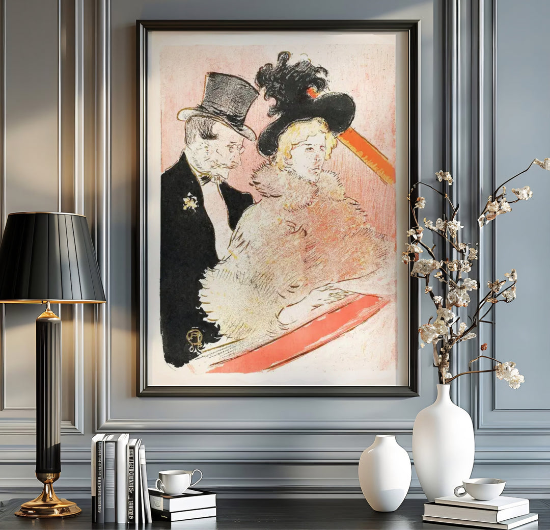 Authentic 19th-century Parisian concert hall wall decor print of At The Concert (1896), Henri de Toulouse-Lautrec showcasing post-impressionist lithography from Paris, France. Order custom framed prints, unframed fine art paper, or gallery canvas print options from MapYourDreams.
