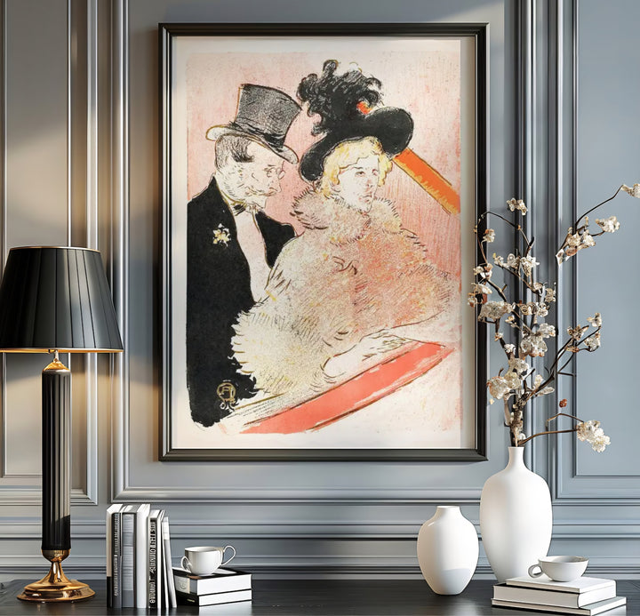Authentic 19th-century Parisian concert hall wall decor print of At The Concert (1896), Henri de Toulouse-Lautrec showcasing post-impressionist lithography from Paris, France. Order custom framed prints, unframed fine art paper, or gallery canvas print options from MapYourDreams.
