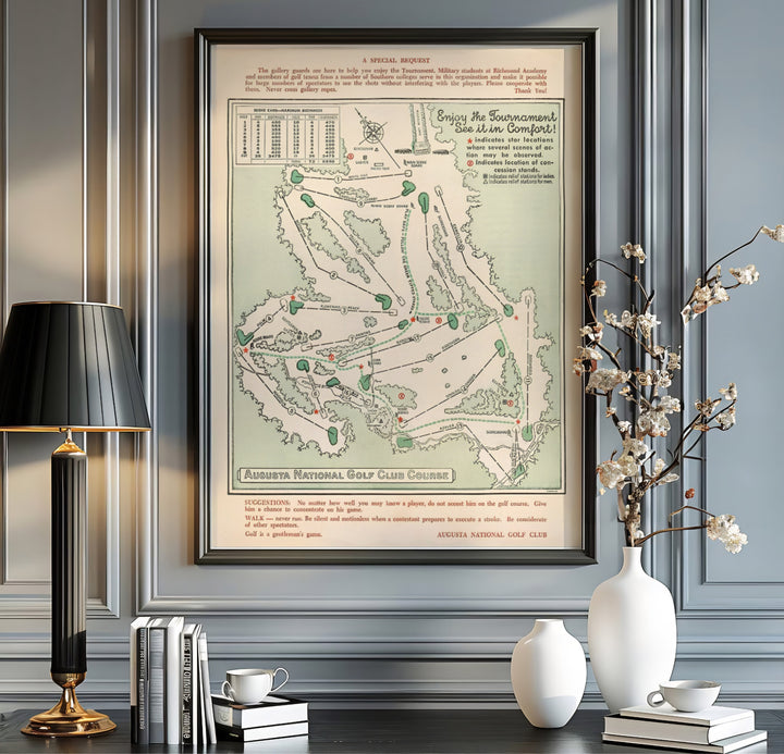 Historical Augusta Georgia course map print with scorecard diagram and compass rose cartography details. Offered by MapYourDreams, this artwork is available in flexible options including unframed paper, custom wooden frames, and gallery canvas wraps for tailored home wall decor setups.
