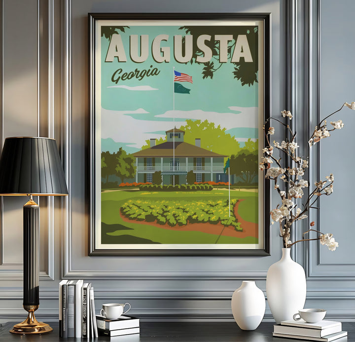 Historic Augusta Georgia golf clubhouse illustration showing oak tree canopy leaves framing classic Southern architecture. Offered by MapYourDreams, this artwork is available in flexible options including unframed paper, custom wooden frames, and gallery canvas wraps for tailored home wall decor setups.