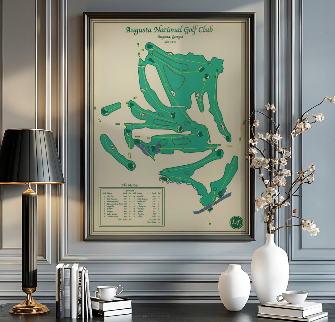 Augusta Georgia sports art print showing the complete 18-hole layout with scorecard details for home office decor. Offered by MapYourDreams, this artwork is available in flexible options including unframed paper, custom wooden frames, and gallery canvas wraps for tailored home wall decor setups.