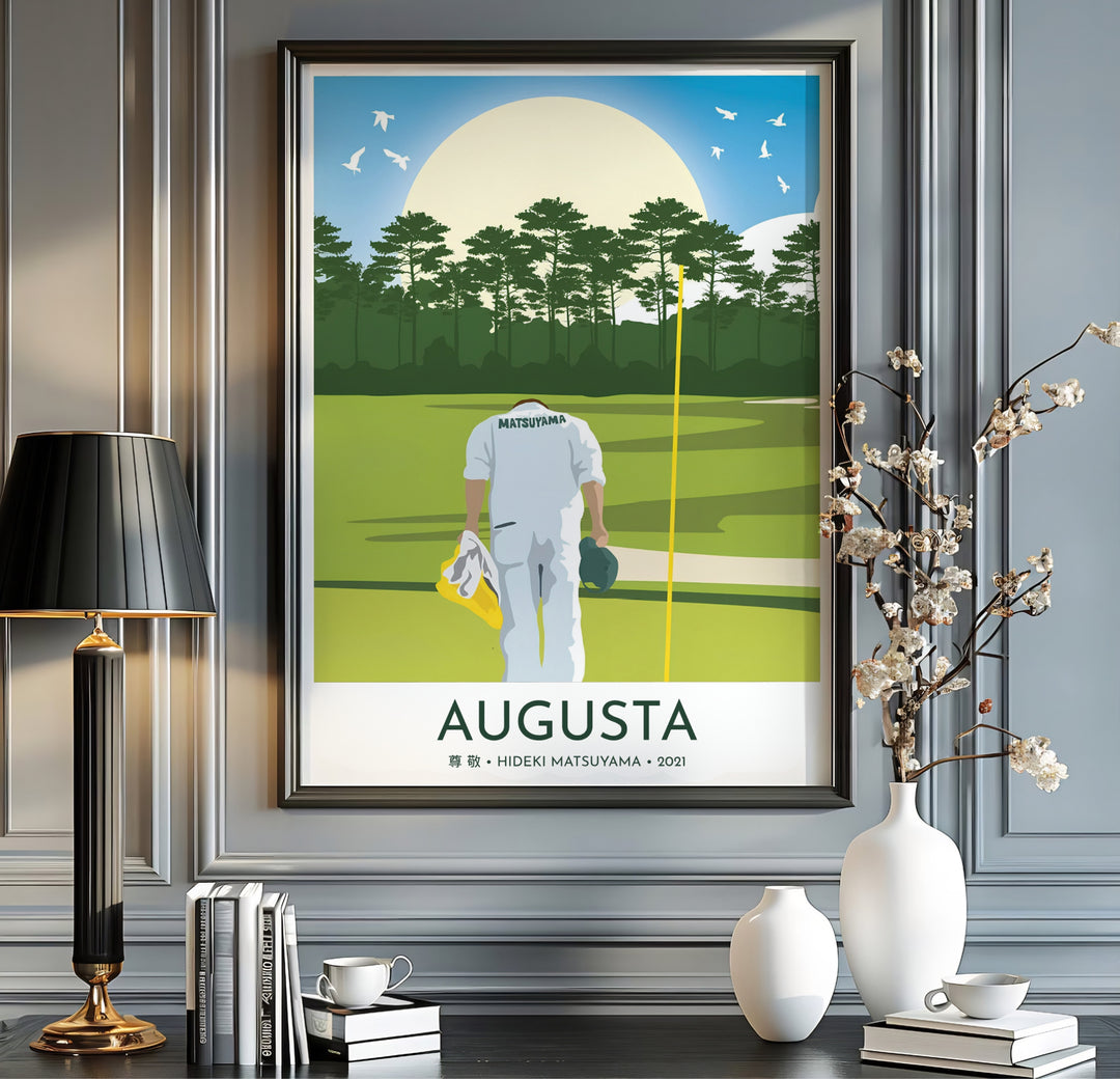 Vintage-inspired sports wall art print celebrating Hideki Matsuyama and caddie Shota Hayafuji&