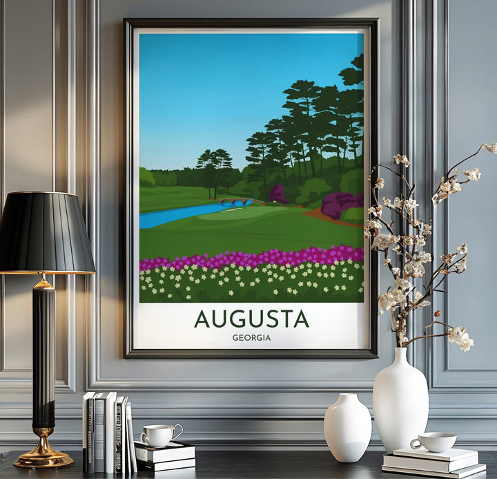 Fine art vector print of Augusta Georgia showing a striking low-angle viewpoint across vibrant flora to the famous 12th green at Amen Corner. Offered by MapYourDreams, this artwork is available in flexible options including unframed paper, custom wooden frames, and gallery canvas wraps for tailored home wall decor setups.