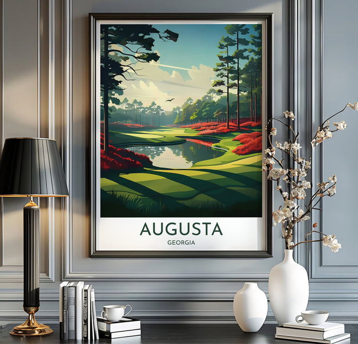 Vintage-inspired golf landscape poster illustrating long pine tree shadows, calm creek reflections, and crimson floral borders in Augusta Georgia. Offered by MapYourDreams, this artwork is available in flexible options including unframed paper, custom wooden frames, and gallery canvas wraps for tailored home wall decor setups.