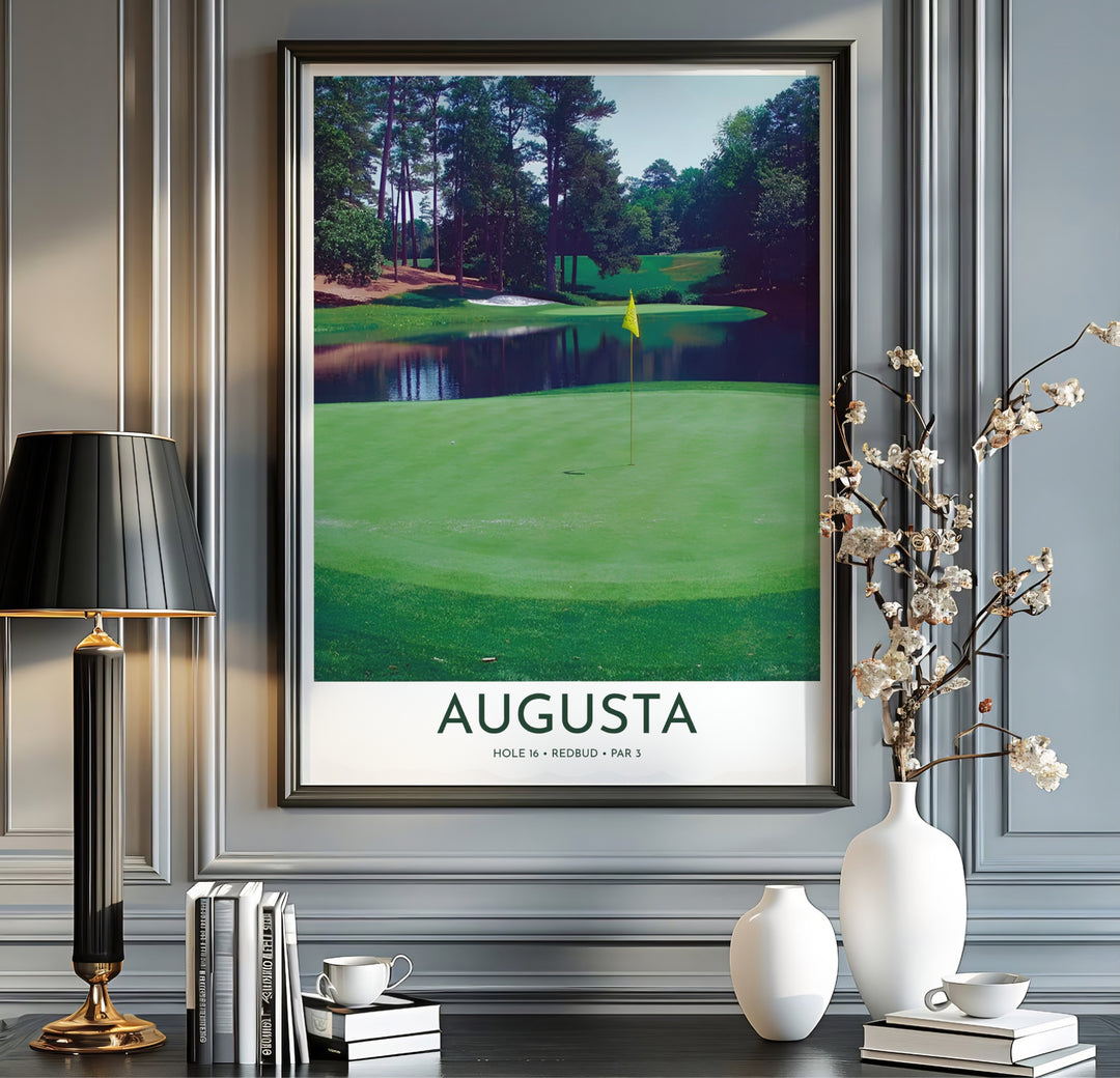 Natural landscape golf poster illustrating the peaceful waters of the 16th pond, smooth green fringe, and dense Georgia pines in Augusta Georgia. Offered by MapYourDreams, this artwork is available in flexible options including unframed paper, custom wooden frames, and gallery canvas wraps for tailored home wall decor setups.
