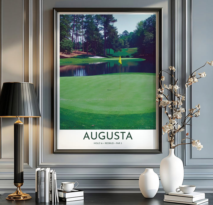 Natural landscape golf poster illustrating the peaceful waters of the 16th pond, smooth green fringe, and dense Georgia pines in Augusta Georgia. Offered by MapYourDreams, this artwork is available in flexible options including unframed paper, custom wooden frames, and gallery canvas wraps for tailored home wall decor setups.