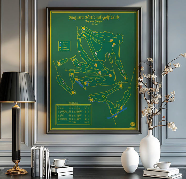 Classic sports map wall art print celebrating Augusta National Golf Club in Augusta Georgia with precise fairway boundaries and water features. Offered by MapYourDreams, this artwork is available in flexible options including unframed paper, custom wooden frames, and gallery canvas wraps for tailored home wall decor setups.