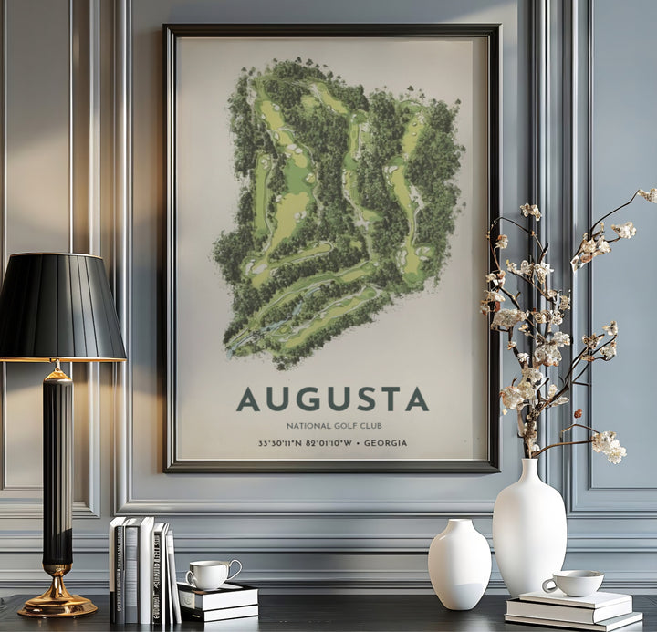 Muted green and warm cream golf course poster illustrating the secluded forest grounds of Augusta Georgia with crisp modern sans-serif typography. Offered by MapYourDreams, this artwork is available in flexible options including unframed paper, custom wooden frames, and gallery canvas wraps for tailored home wall decor setups.