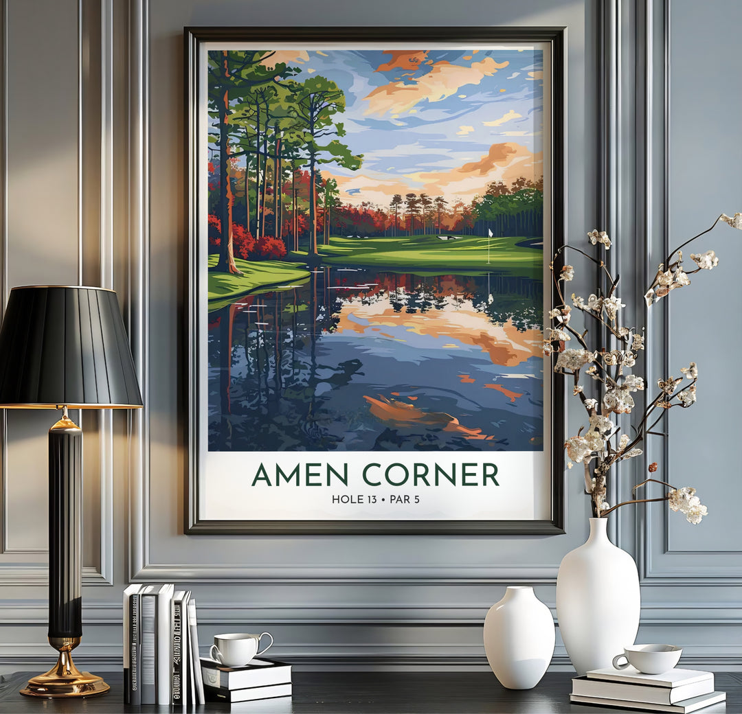 Vibrant sunset golf landscape poster illustrating peaceful water, blooming azaleas, and smooth fairway turf on Hole 13 in Augusta Georgia. Offered by MapYourDreams, this artwork is available in flexible options including unframed paper, custom wooden frames, and gallery canvas wraps for tailored home wall decor setups.