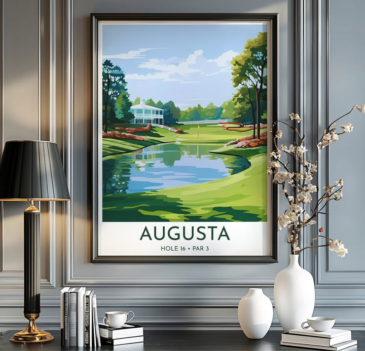 Vibrant landscape golf poster illustrating smooth green putting turf, calm water reflections, and blooming redbud trees in Augusta Georgia. Offered by MapYourDreams, this artwork is available in flexible options including unframed paper, custom wooden frames, and gallery canvas wraps for tailored home wall decor setups.