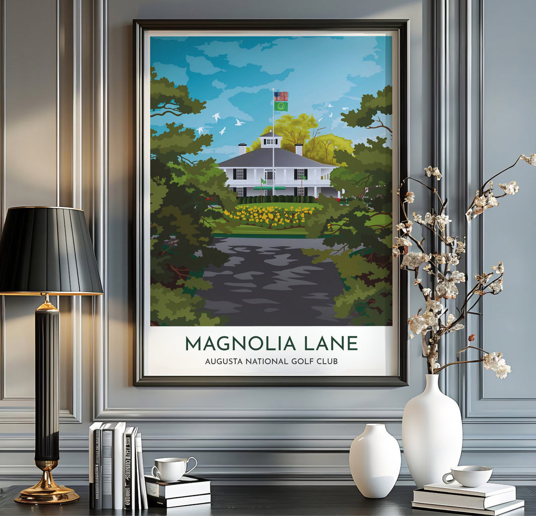 Vibrant landscape golf poster illustrating rich magnolia leaf greens, yellow floral accents, and pristine white architectural details in Augusta Georgia. Offered by MapYourDreams, this artwork is available in flexible options including unframed paper, custom wooden frames, and gallery canvas wraps for tailored home wall decor setups.