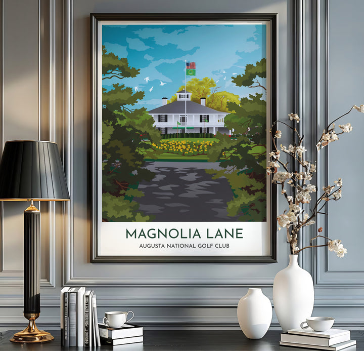 Vibrant landscape golf poster illustrating rich magnolia leaf greens, yellow floral accents, and pristine white architectural details in Augusta Georgia. Offered by MapYourDreams, this artwork is available in flexible options including unframed paper, custom wooden frames, and gallery canvas wraps for tailored home wall decor setups.