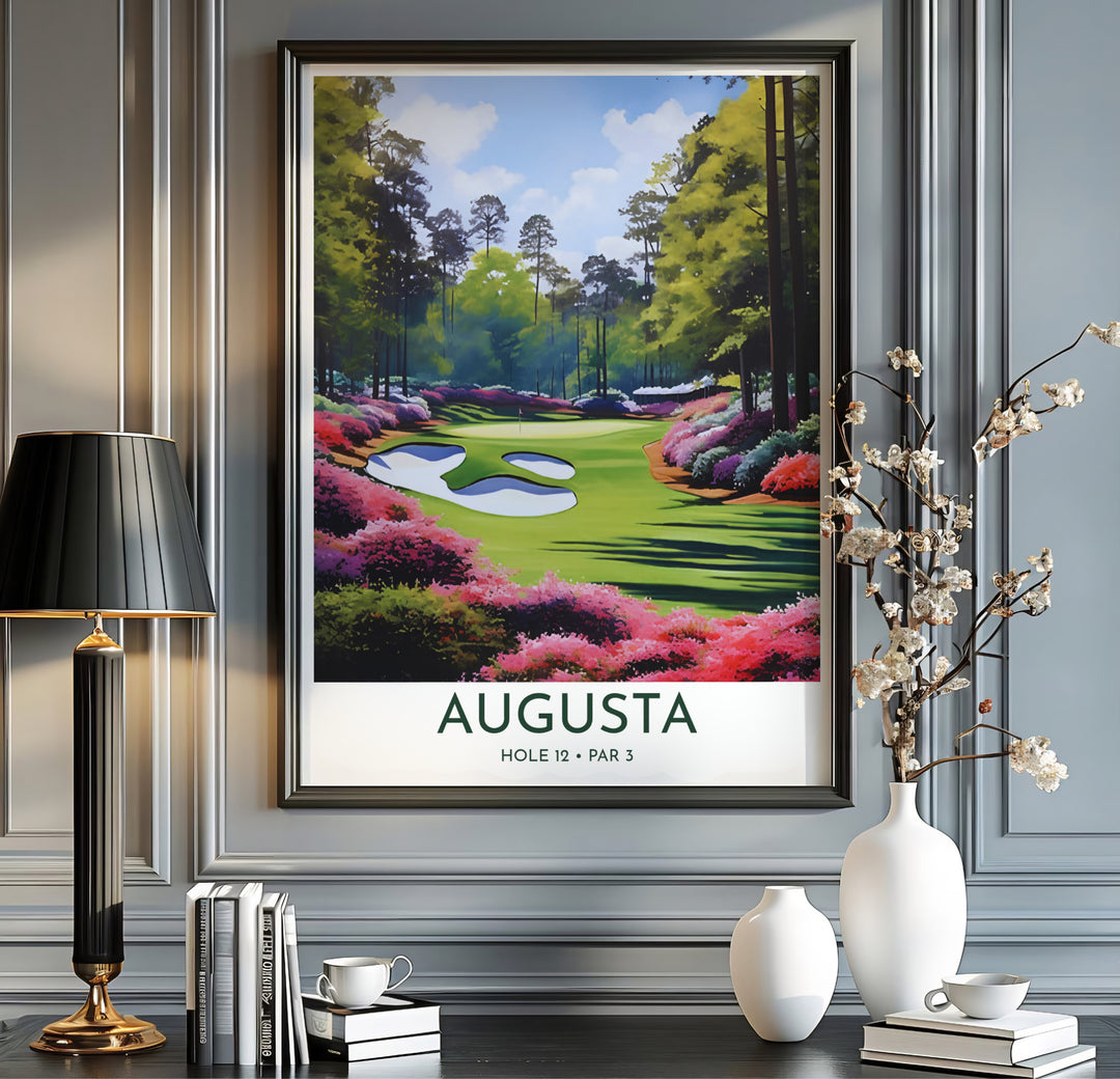 Vibrant landscape golf poster illustrating smooth putting turf, blooming magenta azaleas, and soaring pine trees in Augusta Georgia. Offered by MapYourDreams, this artwork is available in flexible options including unframed paper, custom wooden frames, and gallery canvas wraps for tailored home wall decor setups.