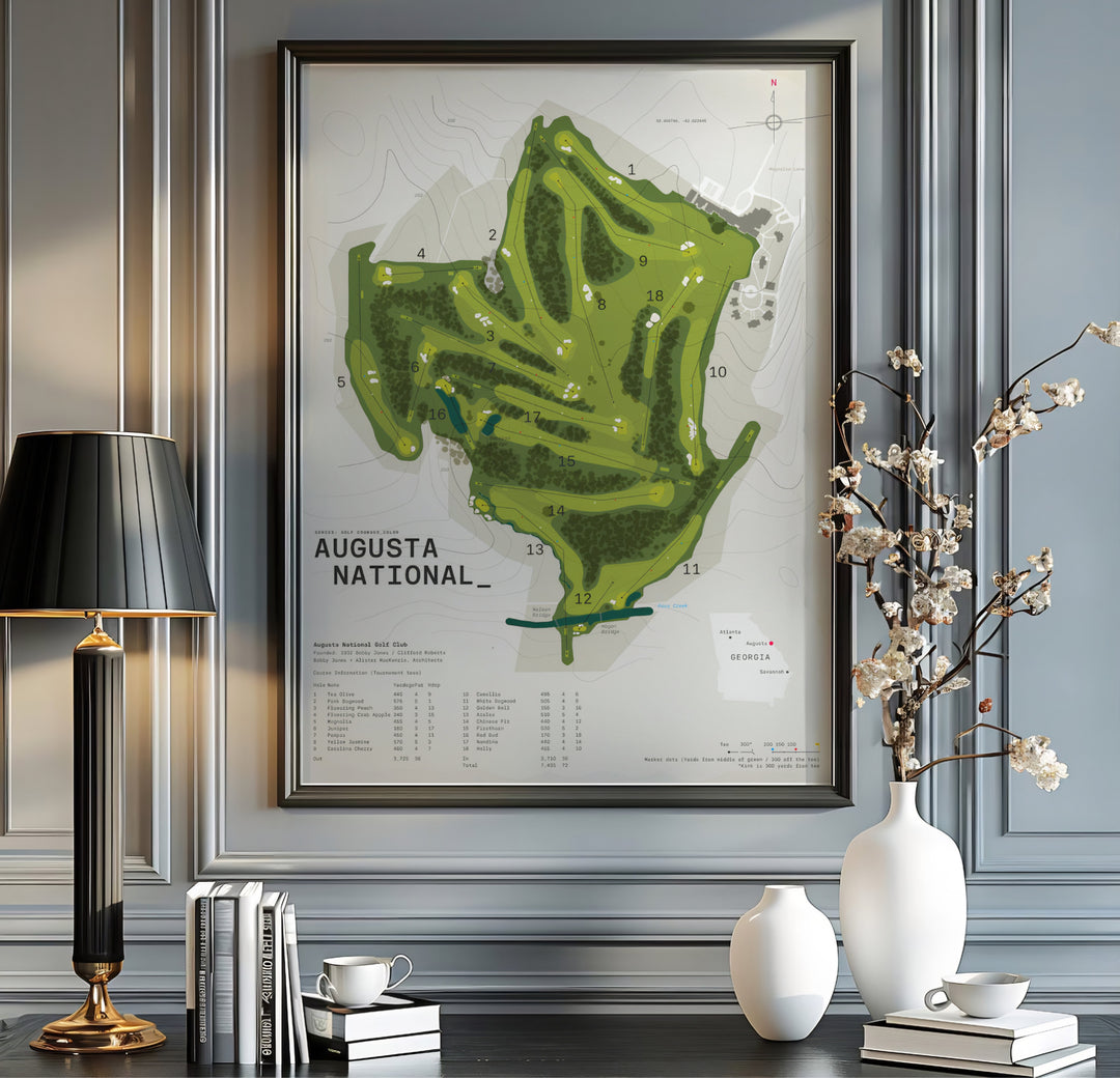 Cartographic Augusta National golf wall art displaying geographic coordinates, scale bar, hole yardages, and official hole names in modern typography. Offered by MapYourDreams, this artwork is available in flexible options including unframed paper, custom wooden frames, and gallery canvas wraps.