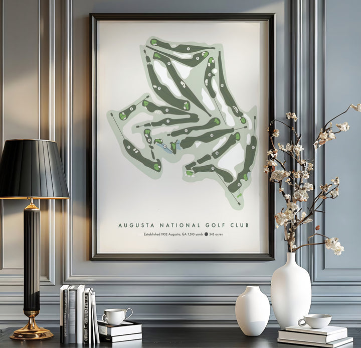 Modern sports wall print showcasing the complete course arrangement of Augusta National Golf Club in Georgia with clean sans-serif text detailing yardage. Offered by MapYourDreams, this artwork is available in flexible options including unframed paper, custom wooden frames, and gallery canvas wraps.