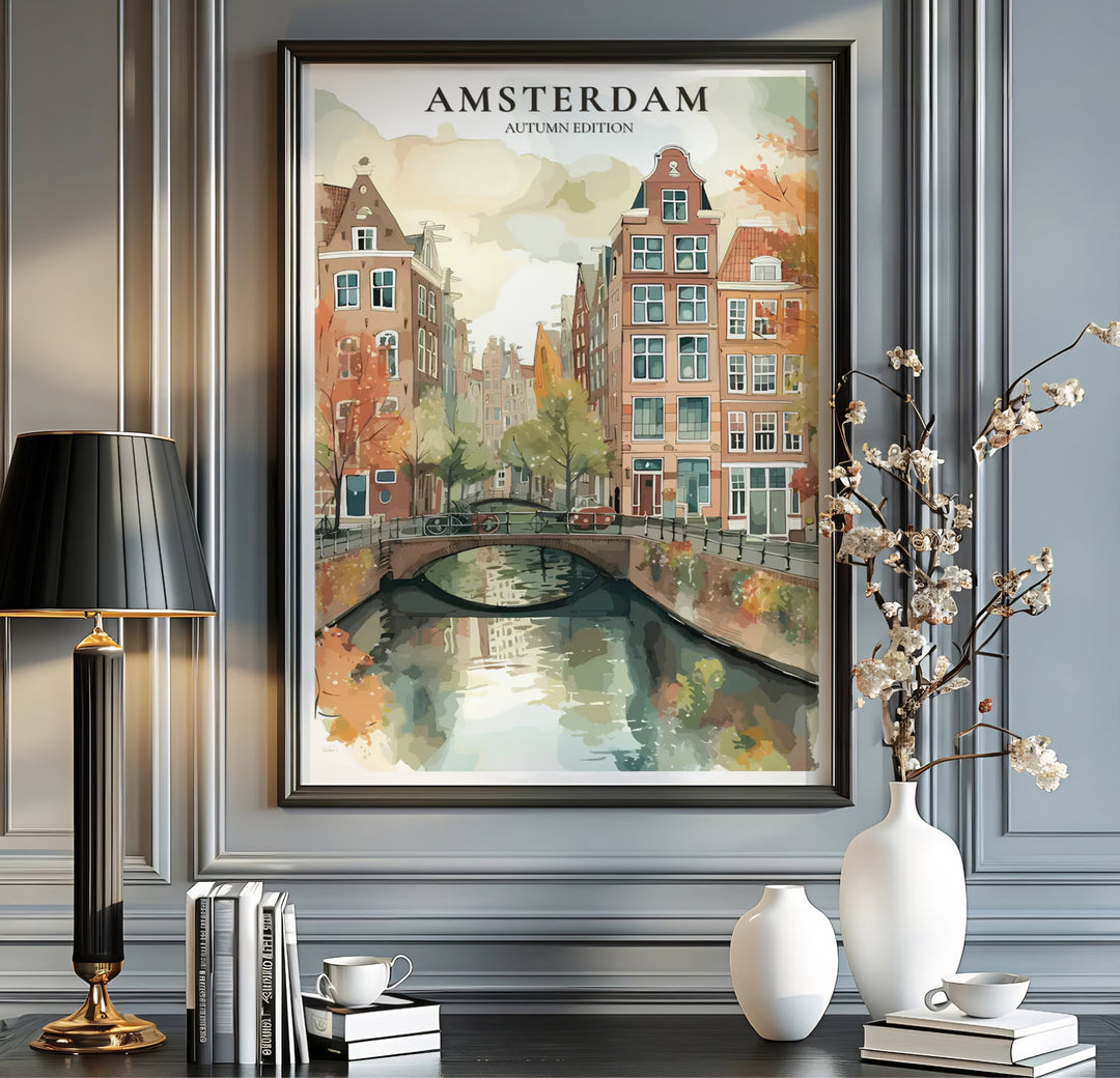 Warm autumn travel photo poster showcasing orange canal house facades and vibrant fall leaves in Amsterdam, offered by MapYourDreams where you can select an unframed poster, a gallery wrapped canvas, or a custom frame option to create an inviting seasonal gallery wall.