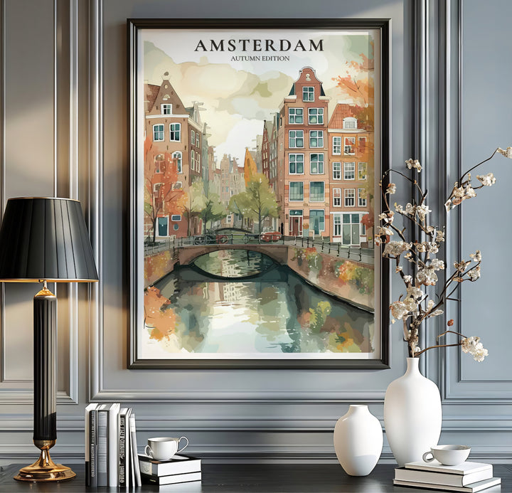 Warm autumn travel photo poster showcasing orange canal house facades and vibrant fall leaves in Amsterdam, offered by MapYourDreams where you can select an unframed poster, a gallery wrapped canvas, or a custom frame option to create an inviting seasonal gallery wall.