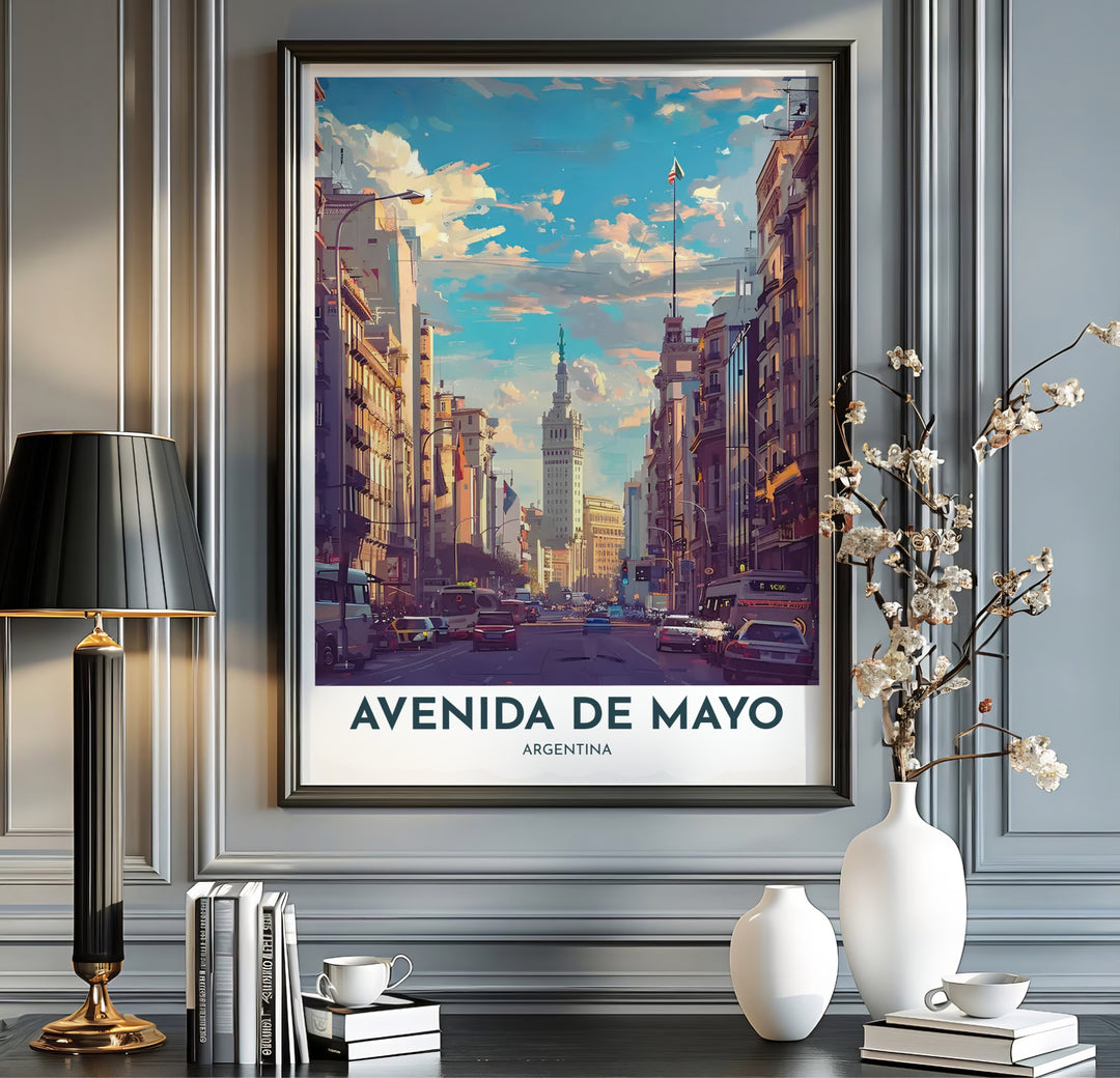 Beautiful urban landscape print capturing Avenida de Mayo and Palacio Barolo under a sunny blue sky with soft white clouds. An exclusive from MapYourDreams, choose your preferred format from archival paper, custom timber framing, or wrapped canvas.