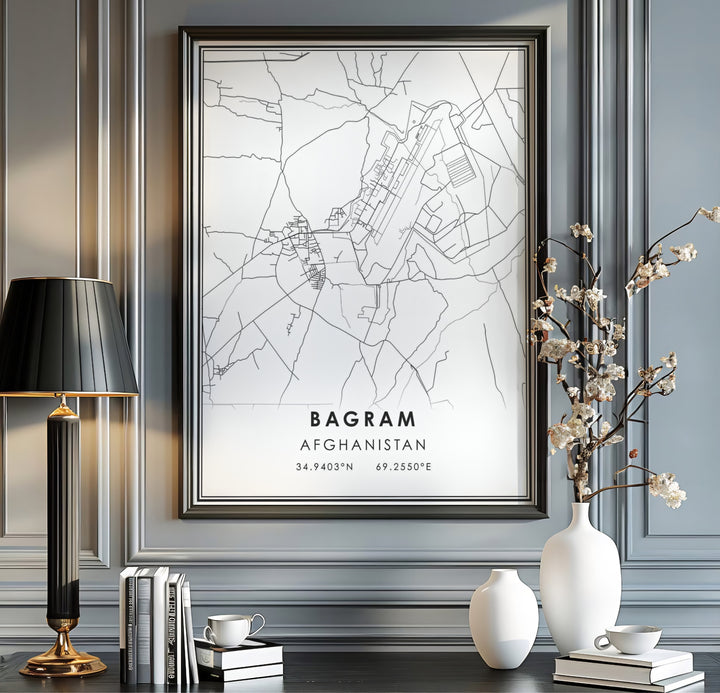 Monochrome line art map poster of Bagram Afghanistan highlighting the airfield and local street network, presented by MapYourDreams as an unframed paper print, gallery canvas wall decor, or custom framed wall art in grey and black frames for entryway wall arrangement.