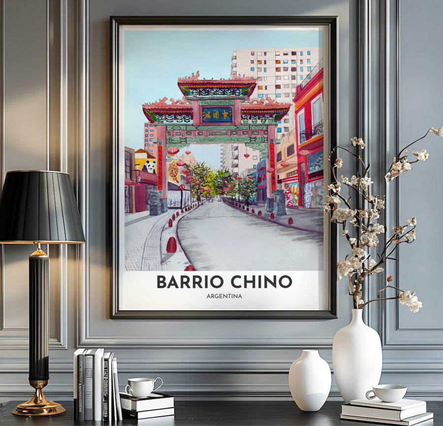 Bright watercolor art print of Barrio Chino showing red paper lanterns strung across the pedestrian walkway in Argentina. Offered in the MapYourDreams store, this artwork suits any room setup in unframed paper, real wood frames, or canvas wrap styles.